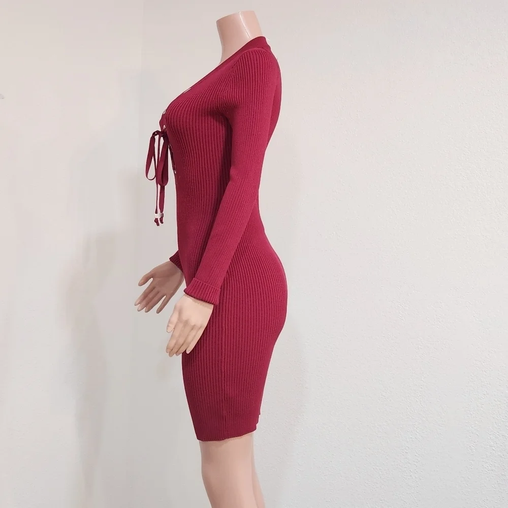 𝅺Michael Kors Ribbed Bodycon Tie V Neck Dress Size: M_4